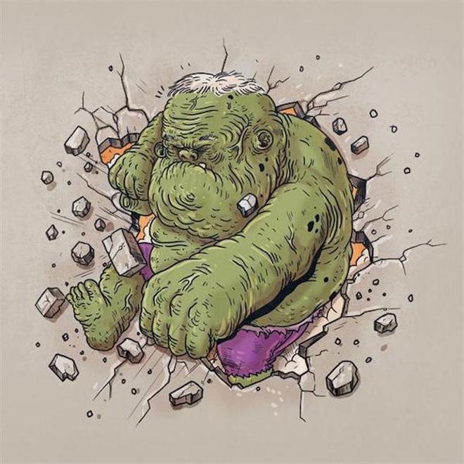 Hulk nhắm mắt nhắm mũi đấm vỡ tường.