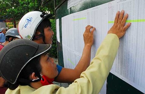 Phụ huynh dò danh sách học sinh trúng tuyển vào lớp 10 Trường THPT Lương Văn Can, quận 8, TP.HCM chiều 10-7. Ảnh: HTD