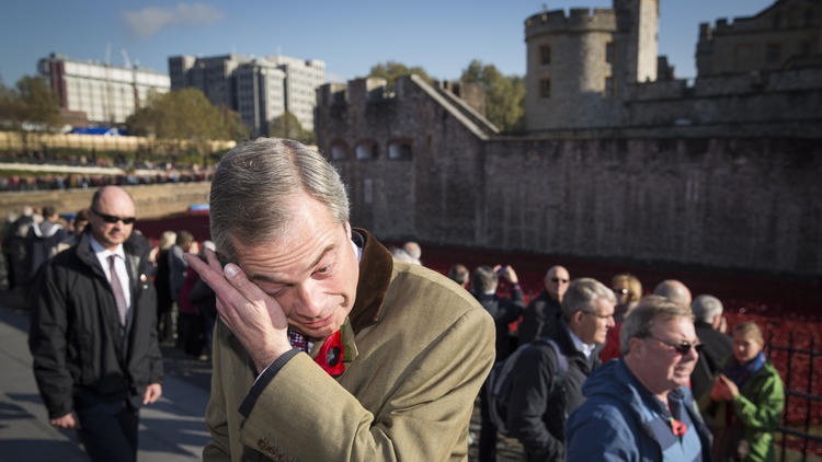 Thủ lĩnh đảng Độc Lập Anh, Nigel Farage, lau nước mắt khi thấy những bông Hồng Anh.