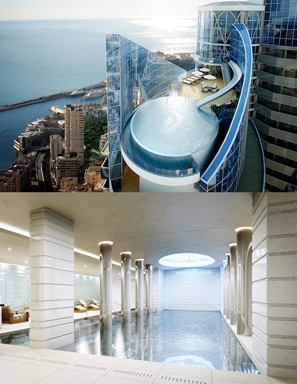 9. Căn hộ tầng thượng đắt nhất thế giới ở Monaco: Căn hộ tầng thượng “Sky Penthouse” tại tháp Odeon ở Monaco sẽ có giá 400 triệu đôla và trở thành căn hộ đắt nhất thế giới. Căn hộ rộng 3.500m2 này gồm 5 tầng, mỗi tầng có một bếp riêng và một máng trượt nước nối từ sàn nhảy tới bể bơi vô cực nằm trong khuôn viên căn hộ. 
