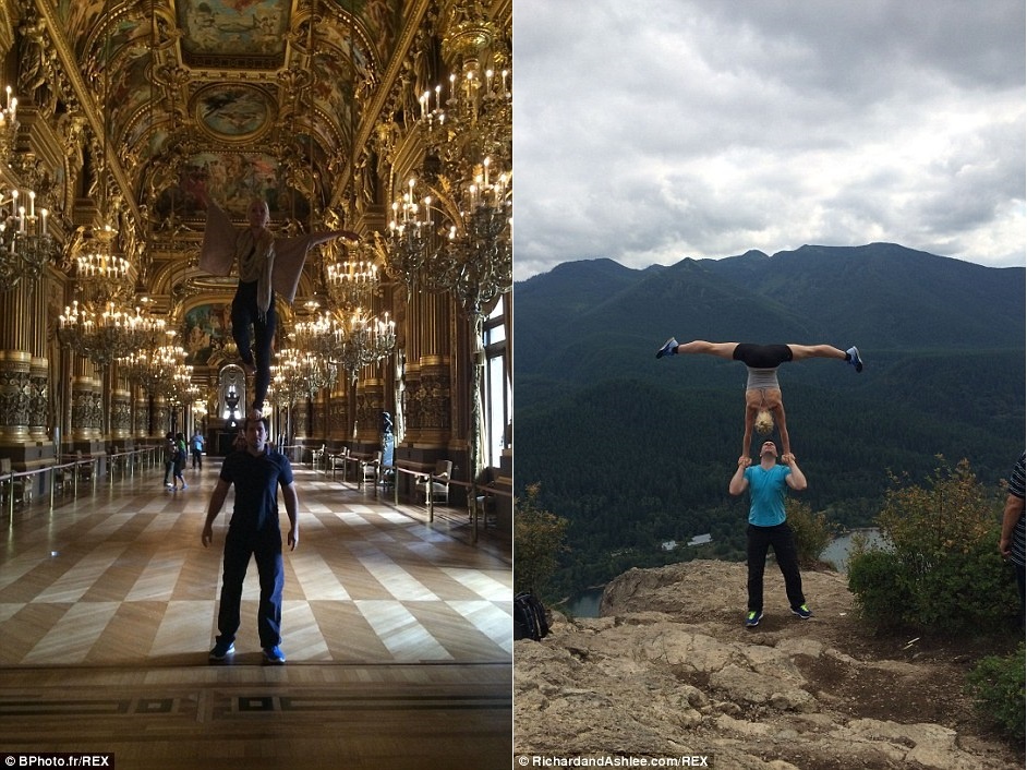 Cặp đôi biểu diễn động tác giữ thăng bằng ở Opera Garnier, Paris. Bên trái, cả hai đang ở Rattlesnake Ridge tại Washington.