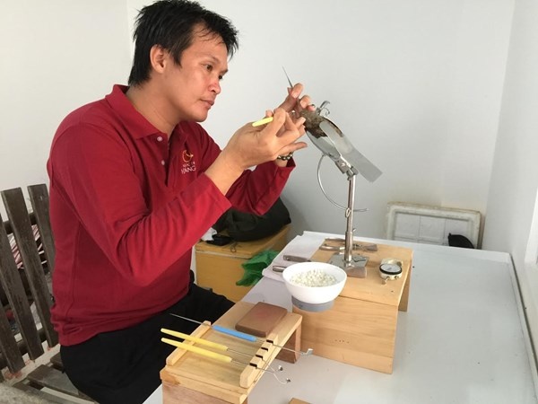 Nghệ nhân Hồ Thanh Tuấn đang tiến hành cấy nhân vào những con trai đủ tuổi trưởng thành để tạo ngọc