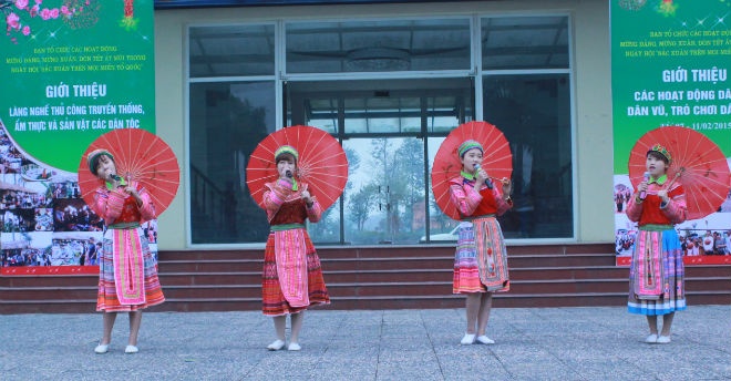 Đoàn nghệ thuật từ các dân tộc múa hát chào xuân. Ảnh: Cao Thùy Liên