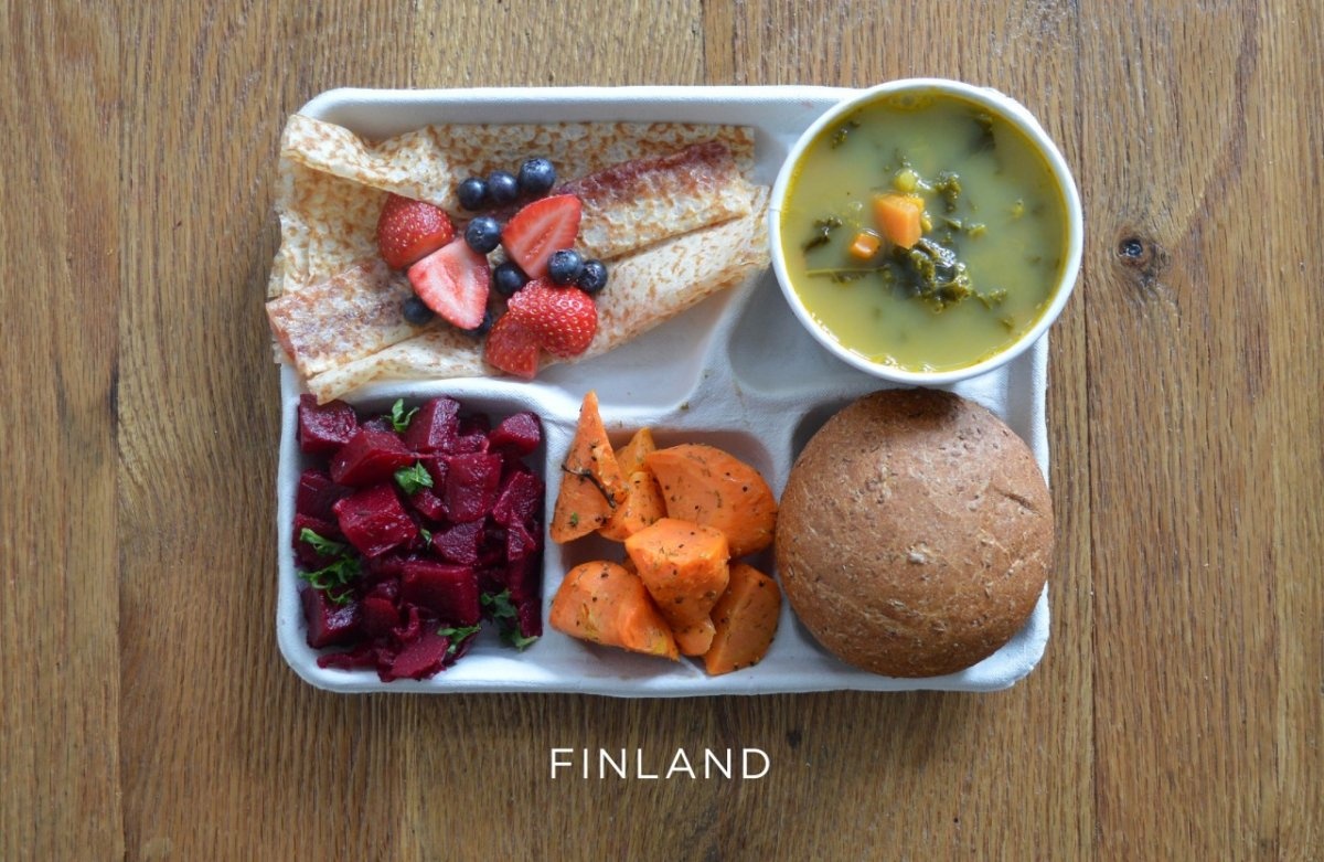 Finland: pea soup, beets, carrot salad, bread, pannakkau (dessert pancake), fresh berries