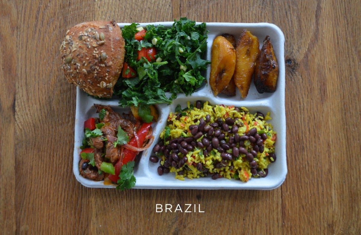 Brazil: pork with mixed veggies, black beans and rice, salad, bread, baked plantains