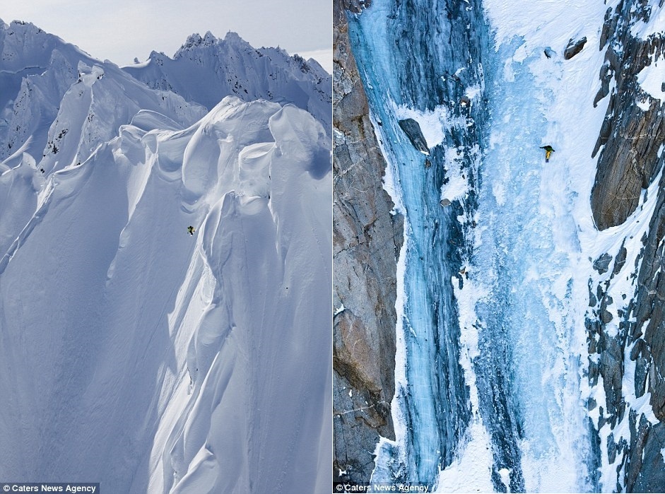 Những vận động viên trượt tuyết hàng đầu như Jeremy Jones đến từ Massachusetts, Mỹ và Xavier De Le Rue đến từ Bayonne, Pháp, thả mình trượt xuống những sườn dốc “dựng tóc gáy” nhất thế giới. Trong ảnh, Andreas Fransson đang biểu diễn trên Pain du Sucre, Chamonix.