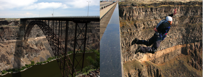  Cầu Perrine, Idaho, Mỹ: Tuy đây là điểm nhảy hợp pháp nhưng đừng để điều đó đánh lừa bạn, nơi này rất nguy hiểm. Cầu Perrine là công trình nhân tạo duy nhất trên nước Mỹ cho phép những người nhảy dù thực hiện đam mê. Lao mình từ cầu xuống hẻm núi phía dưới đem lại cảm giác thật tuyệt vời, nhưng không ít người đã phải trả giá. Chỉ riêng từ đầu năm 2015 tới thời điểm này đã có hai người thiệt mạng.