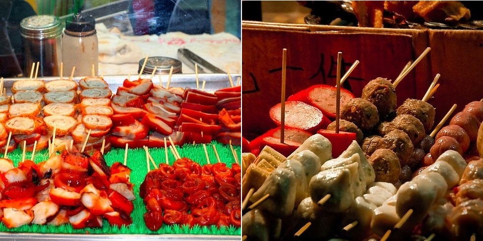 Thịt xiên nướng: Đây là một trong những món ăn đường phố hấp dẫn nhất Hong Kong, với đủ mọi loại nguyên liệu từ thịt tới hải sản, chả cá...