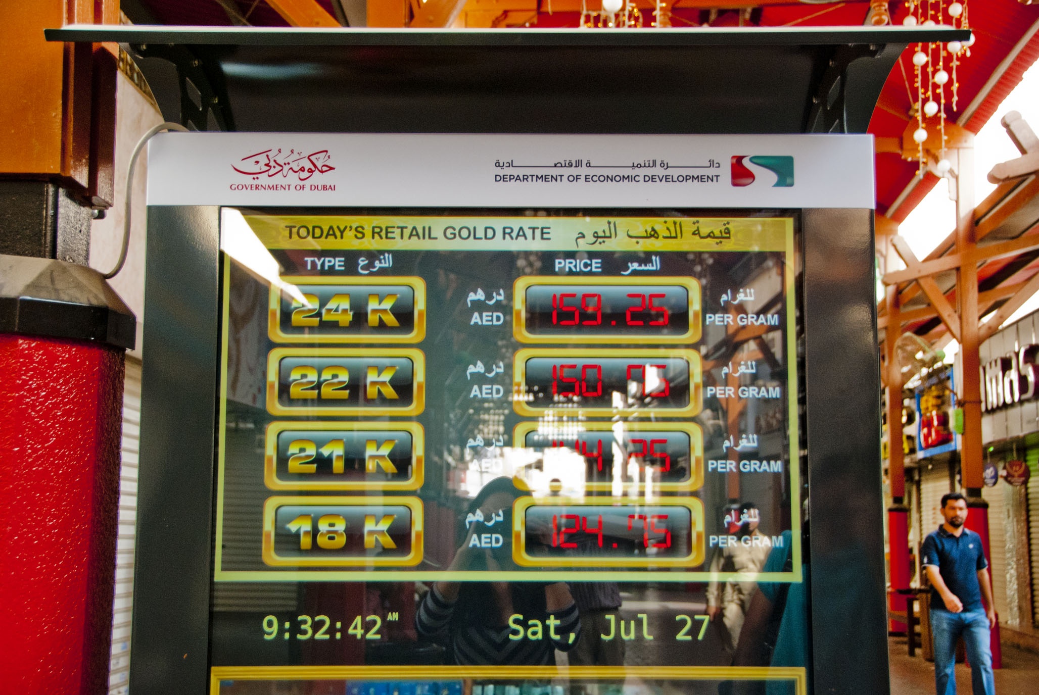 Nắm được giá vàng: Vàng được bán theo tuổi và trọng lượng. Ở chợ có bảng điện tử hiện thị giá vàng theo karat và đồng dirham của Ả Rập Thống nhất. Tuy nhiên, giá vàng thay đổi hàng ngày nên tốt hơn hết là bạn nên tìm hiểu qua các website chứng khoán trước khi tới chợ vàng. Ảnh: Findlingsfinds.