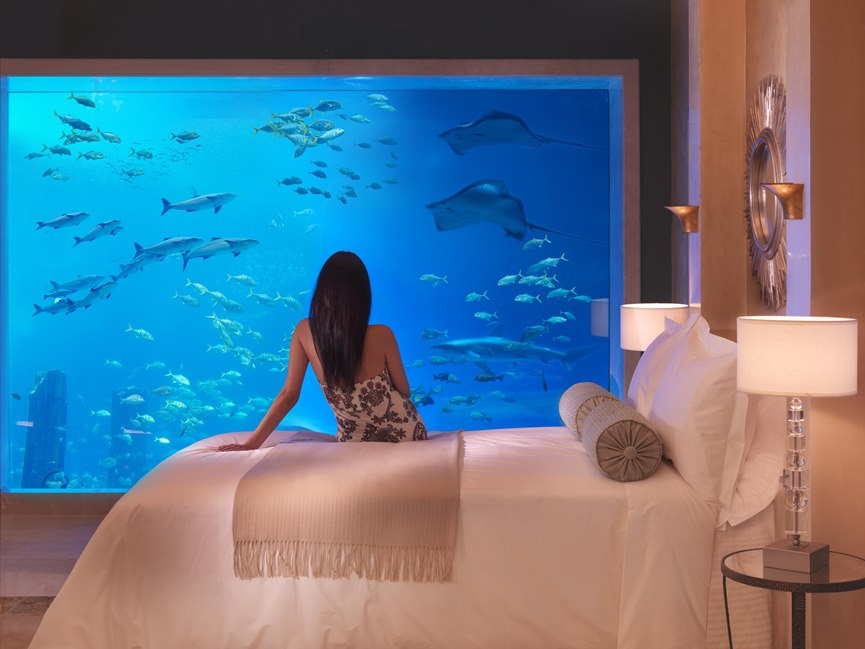 Atlantis, Đảo Cọ, Dubai: Khách sạn 5 sao này của Dubai cho du khách cơ hội nghỉ đêm trong khu phòng sang trọng, nhìn ra bể bơi với 65.000 sinh vật biển, trong đó có cả cá mập. Ảnh: Somewhereluxurious.