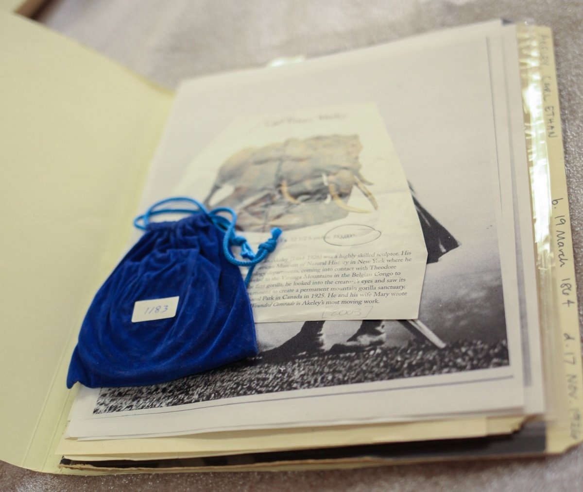 The Explorers lưu toàn bộ hồ sơ của mỗi thành viên và các chuyến thám hiểm của từng lá cờ. Đây là hồ sơ của Carl Akeley, ông tổ của ngành nhồi bông hiện đại.