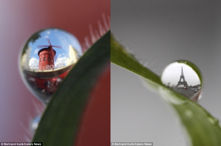 Ảnh trái là Moulin Rouge và ảnh phải là tháp Eiffel. Các công trình đều có vẻ bình yên, tĩnh lặng.