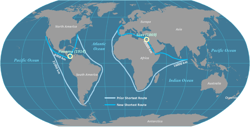 Ngày 17/12/1869, kênh đào Suez nối Địa Trung Hải với Biển Đó chính thức mở cửa sau 15 năm xây dựng, trải qua nhiều trì hoãn do bất đồng chính trị, thiếu sức lao động và dịch tả chết người. Khi đi vào hoạt động, tuyến đường nước dài 164 km này đã thay đổi vĩnh viễn lịch sử vận tải đường biển quốc tế, giúp tàu thuyền không phải đi qua mũi phía nam châu Phi nữa. Đây là lối tắt nối thế giới phương Đông và phương Tây. Ảnh: Hofstra.