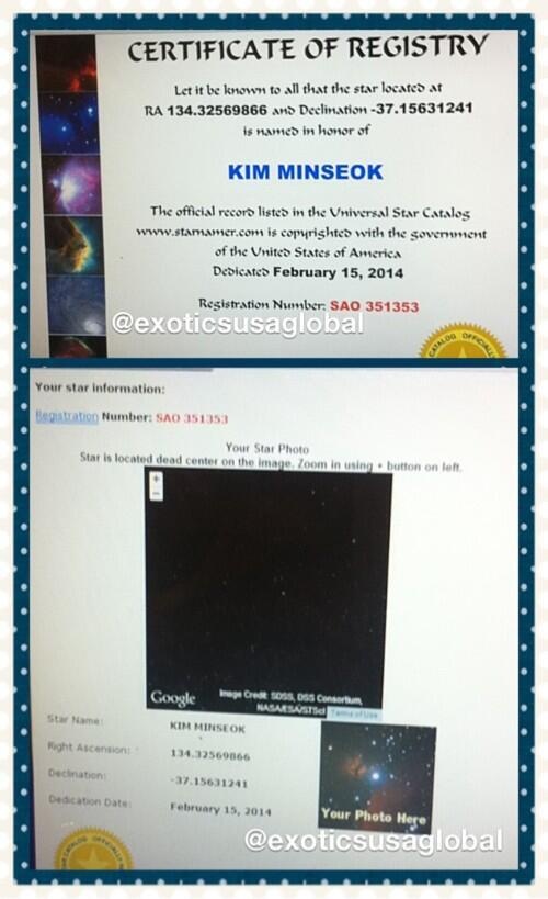 Xiumin thuộc danh sách những thần tượng Hàn sở hữu sao trên trời, nhờ một fansite Mỹ mua tặng. Ảnh: exoticsusa 