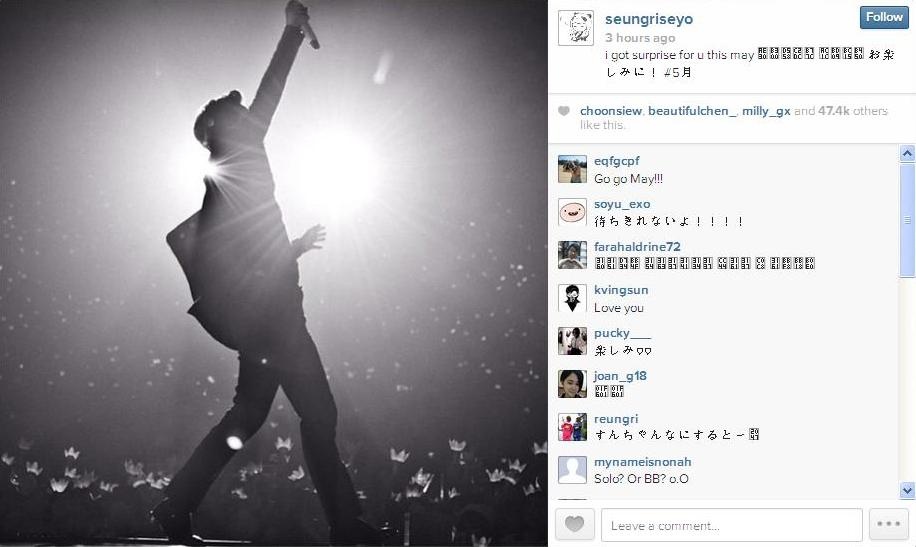 Seungri úp mở về khả năng solo hoặc album mới của Big Bang. Ảnh: Instagram