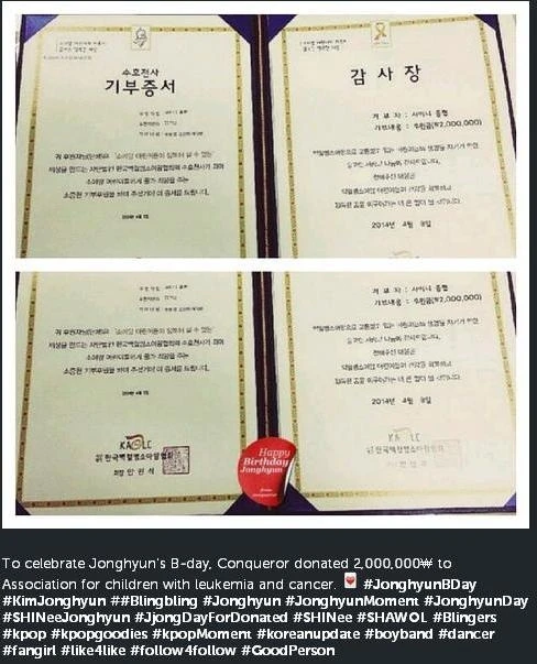 Một fansite của Jonghyun đã quyên góp <abbr class=