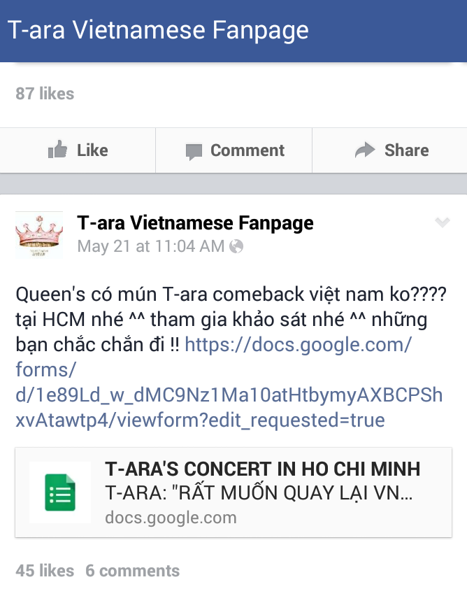 Fanpage Việt Nam của T-ara từng thực hiện bản thăm dò ý kiến của fan. Ảnh: facebook