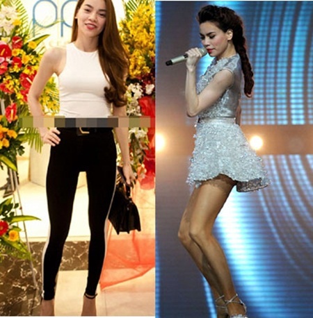 Hồ Ngọc Hà thuộc hàng sao có vóc dáng cao chuẩn và đôi chân dài miên man, tuy nhiên, thực tế, Hồ Ngọc Hà lại có thân hình quá gầy. Khi cô mặc trang phục bo dáng khoe đường cong, dễ dàng nhận ra Hà Hồ lộ thân hình gầy trơ xương.