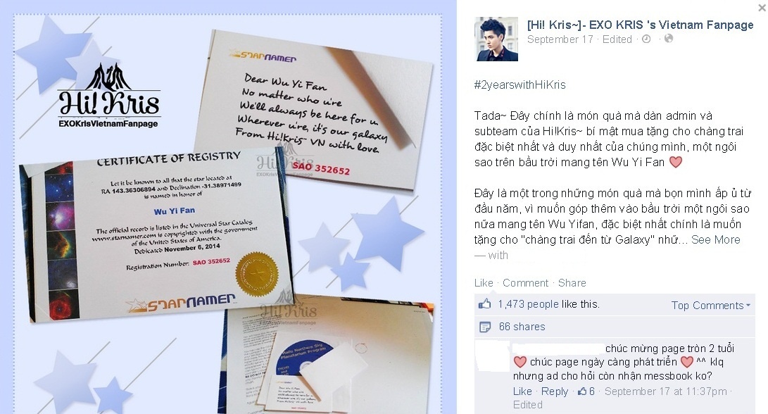 Fan Việt đăng ảnh giấy chứng nhận ngôi sao mang tên Ngô Diệc Phàm.