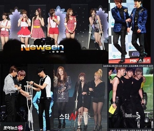 T-ara tỏ ra lạnh lùng khi Hwayoung chống nạng trên sân khấu (ảnh nhỏ, ngoài cùng bên trái).