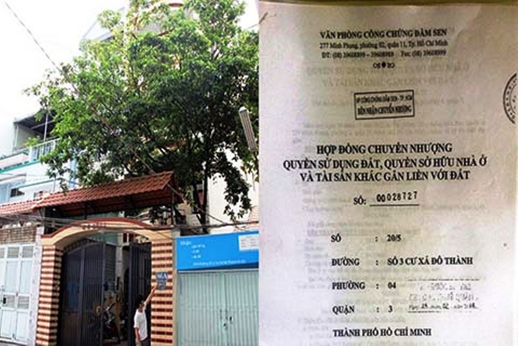 Ngôi nhà có giá trị 8 – 10 tỷ của ông Bùi Đức Tráng (ảnh trái) bị nghi vấn mua bán bất hợp pháp và có cả hợp đồng mua bán có công chứng (ảnh phải).