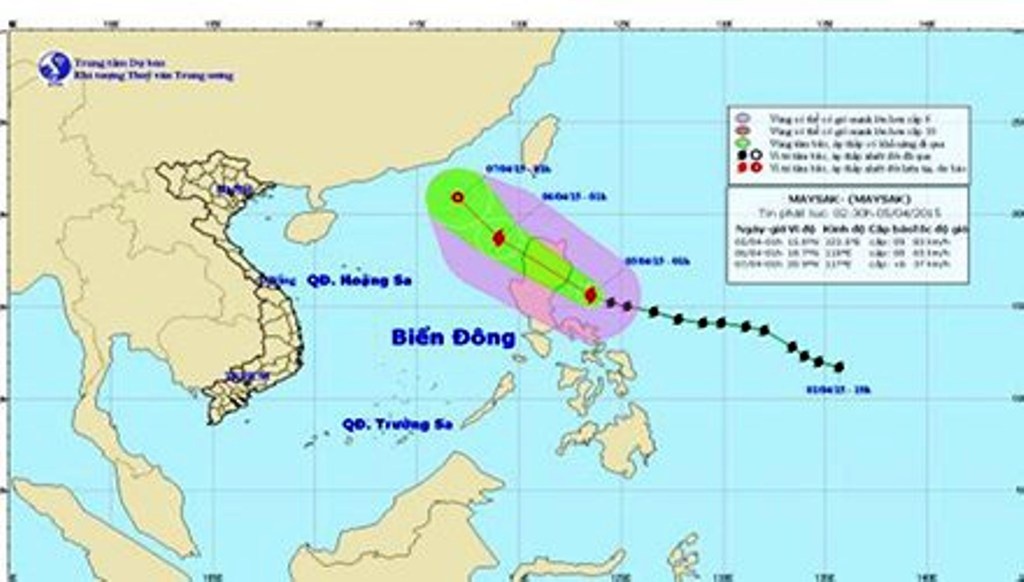 Vị trí và đường đi của bão Maysak. Ảnh: Trung tâm Dự báo khí tượng thủy văn Trung ương.