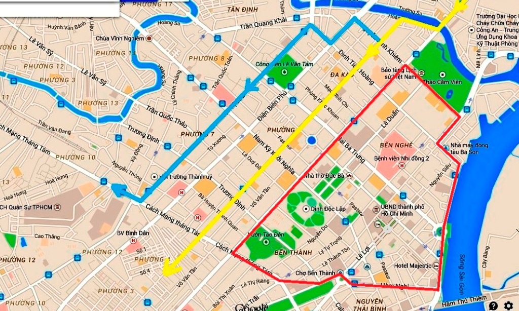 Lộ trình thay thế, hướng từ quận Bình Thạnh đi quận 10 và quận 5.