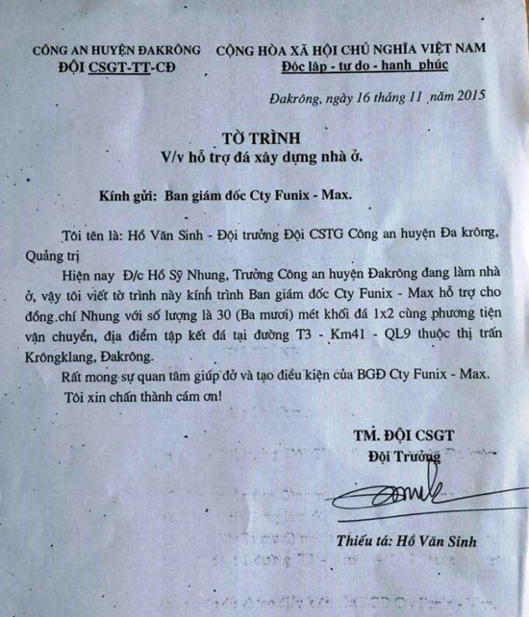 Văn bản do ông Hồ Văn Sinh gửi đến doanh nghiệp xin hỗ trợ đá cho trưởng công an huyện làm nhà.