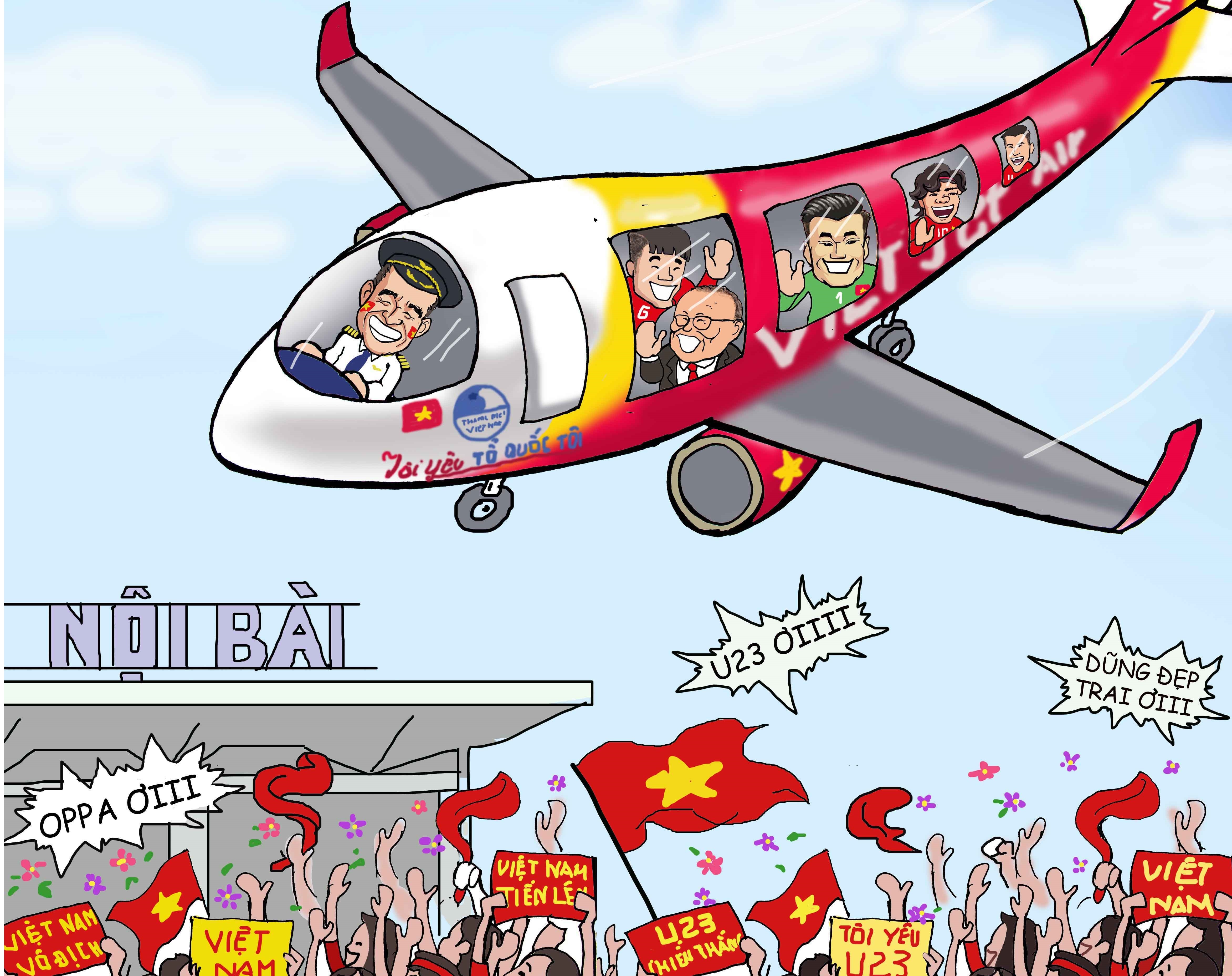 U23 ve nha tren chuyen co 'Toi yeu to quoc toi' hinh anh