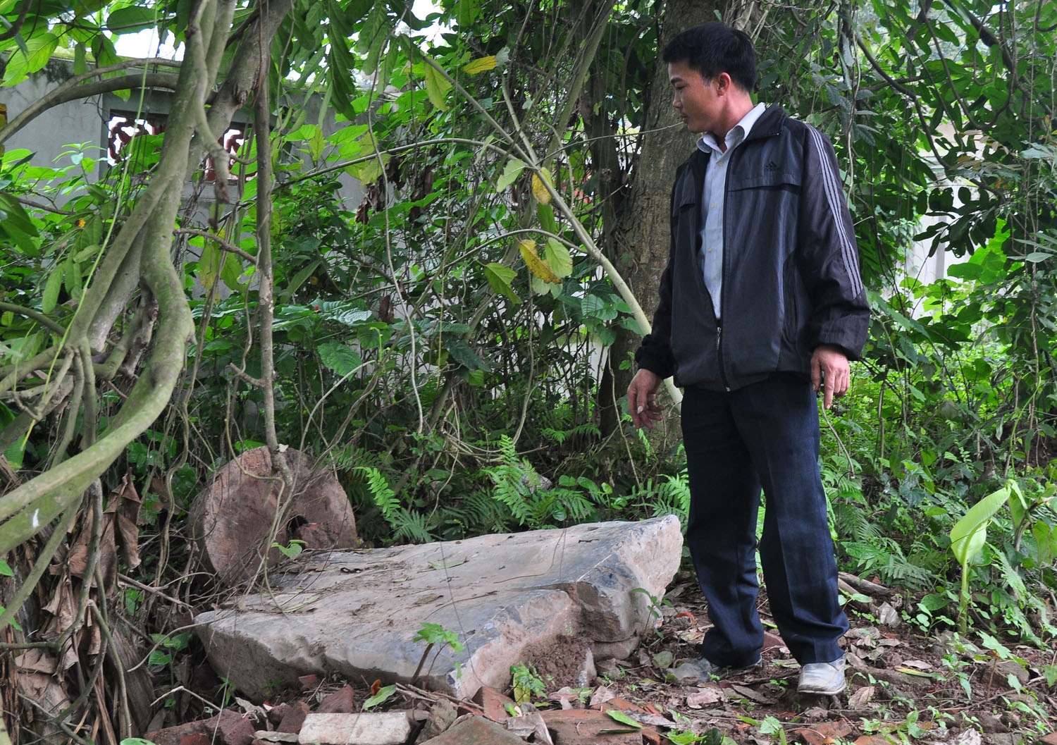 Những tảng đá đen trước đây được làm bệ đỡ cho cột đình bị công nhân vứt ra vườn phía sau đình.