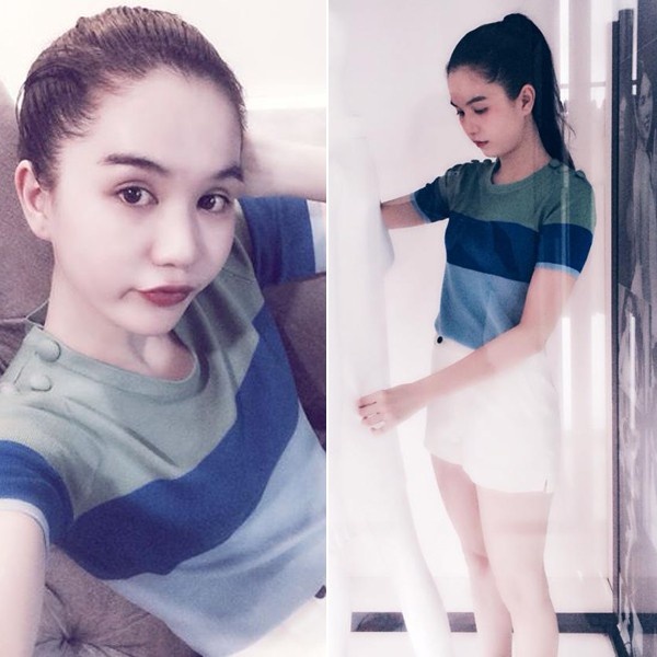 Trang phục đời thường của Ngọc Trinh cũng rất chỉn chu. Cô diện chiếc áo 3 màu nằm trong BST Resort của Gucci, phối cùng shorts trắng.