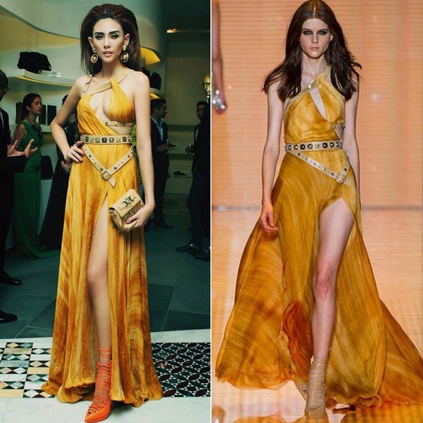 Tại một sự kiện, Võ Hoàng Yến diện chiếc váy cao cấp của Versace. Cô làm hỏng dáng chiếc váy khi khoe ngực quá đà, đối lập hoàn toàn với vẻ mạnh mẽ, gợi cảm vừa phải của mẫu thiết kế trên catwalk.