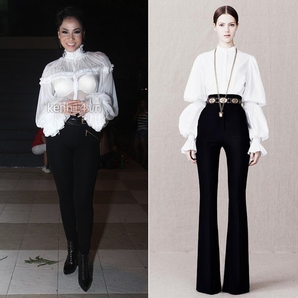 Cổ ngắn, dáng thấp là nguyên do vì sao chiếc áo sơmi điệu đà của Alexander McQueen lại trở nên sến và bùng nhùng đến thế khi được Thu Minh diện.