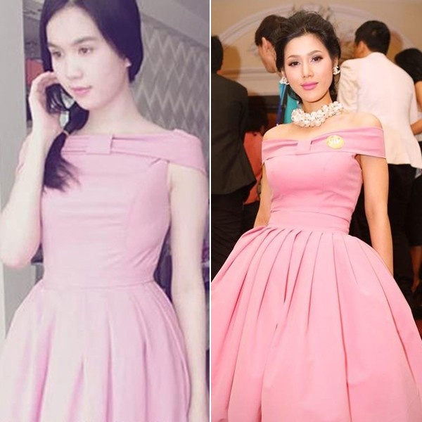 Chiếc váy hồng này của Ngọc Trinh giống in hệt chiếc váy do NTK Lý Quý Khánh thiết kế riêng cho Maria Đinh Phương Ánh. 