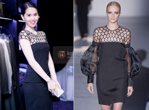 Chiếc váy Gucci này của Ngọc Trinh cũng nằm trong diện nghi vấn bởi vài sự khác biệt so với phiên bản gốc được trình diễn trên sàn catwalk tại Milan Fashion Week. Nếu như chiếc đầm phiên bản gốc của Gucci có dáng hơi suông, chất vải bóng, điểm nhấn chủ đạo là phần tay bồng kiểu cách sang trọng thì đầm của Ngọc Trinh được lược bớt chi tiết cho đơn giản hơn khi không có phần tay bồng - điểm nhấn nổi bật của thiết kế ban đầu. 