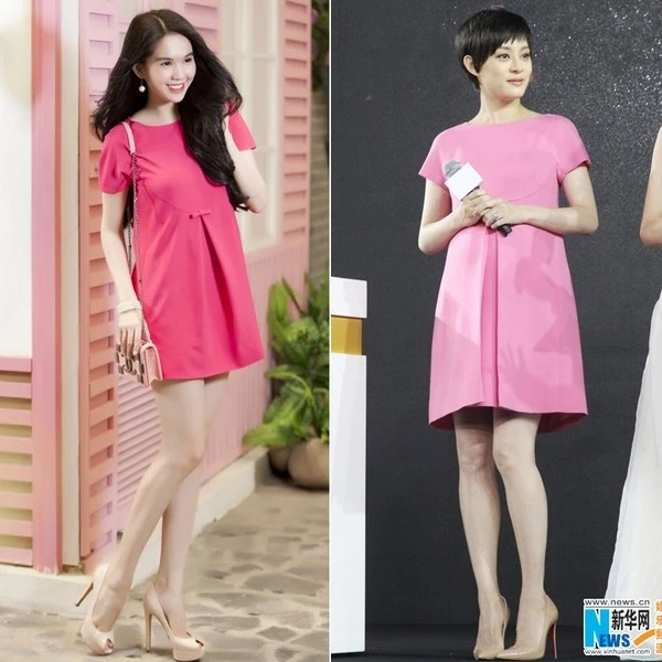 2 chiếc váy giống nhau đến 90%, chỉ có sự khác nhau trong độ dài, chi tiết cổ và màu sắc. Đến cả cách phối đồ của Tôn Lệ cũng 