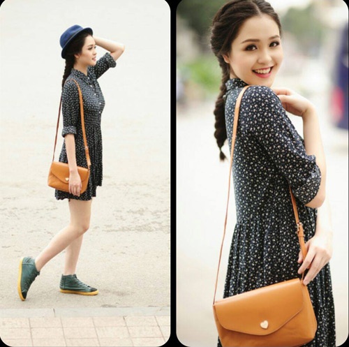 Á hậu Hoàng Anh ghi điểm với tín đồ với cách kết hợp váy xòe cùng giày thể thao.