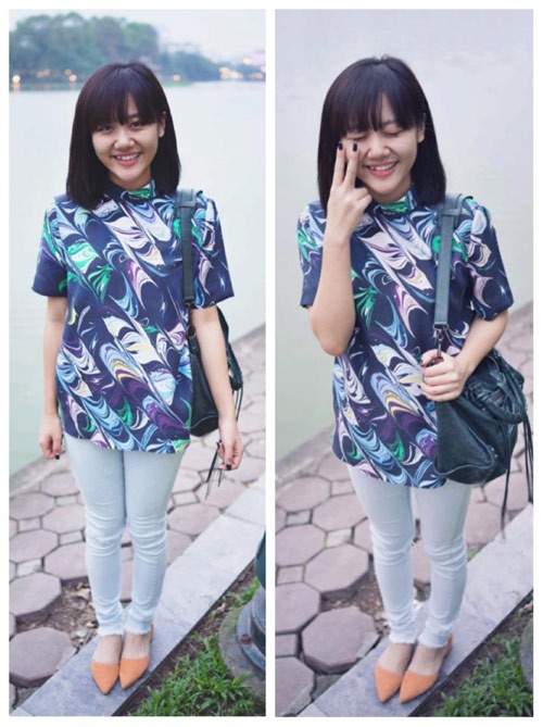 Văn Mai Hương đơn giản xuống phố với đôi guốc mũi nhọn đế bệt.