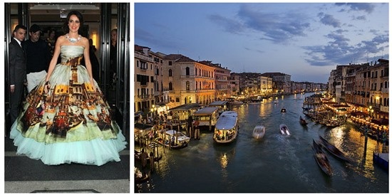 Coco Brandolini tạo nên sự lãng mạn như dòng sông, thuyền đỗ và hai bên nhiều nhà cửa.