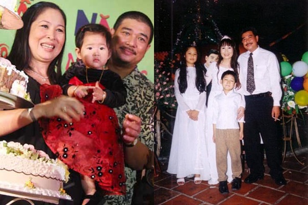 Hồng Vân - Lê Tuấn Anh trong đám cưới cùng hai con riêng của Hồng Vân (ảnh phải).