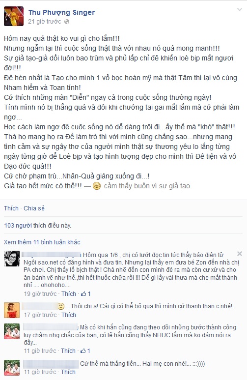 Thu Phượng chia sẻ những dòng tâm sự này chỉ ít giờ sau khi đăng tải thực hư về thông tin Thành Trung dành thời gian ngày 1/6 cho con gái. Điều này đã khiến người hâm mộ khẳng định, cô đang ám chỉ tới chồng cũ. 