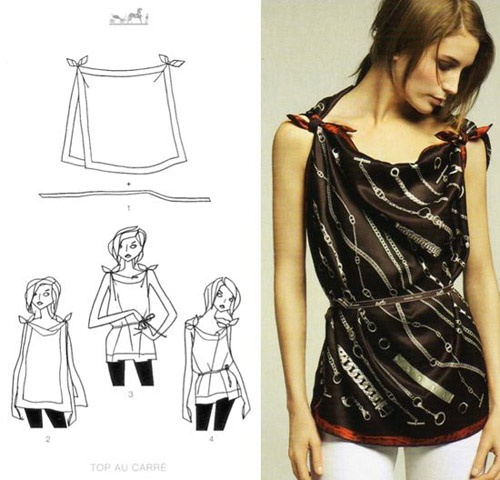 Xếp 2 tấm khăn lụa hình vuông hoặc hình chữ nhật chồng lên nhau, sau đó thắt nút hai đầu đối điện. Choàng khăn vào người và sử dụng một chiếc thắng lưng ngang eo là bạn đã có áo trần tay thật mát mẻ.