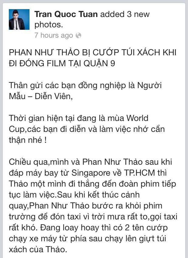 Quản lý của Phan Như Thảo chia sẻ sự việc cô bị cướp trên trang cá nhân.
