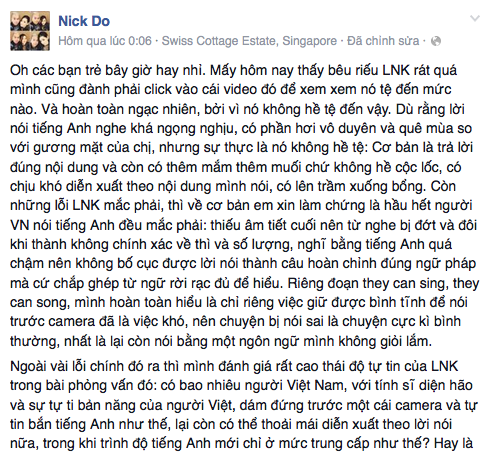 VJ của kênh MTV Nick Đỗ cũng đứng về phía Lý Nhã Kỳ.
