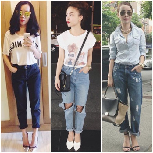 uần boyfriend jeans được Yến Trang, Yến Nhi phối với nhiều trang phục rất đa dạng.