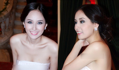 Mai Phương Thúy rất thích kính áp tròng và thường dùng phụ kiện này khi đi dự sự kiện. Tuy nhiên, cặp kính áp tròng với màu xanh trong veo này có vẻ không hợp với khuôn mặt của cô cũng như trang phục hoa hậu lựa chọn.