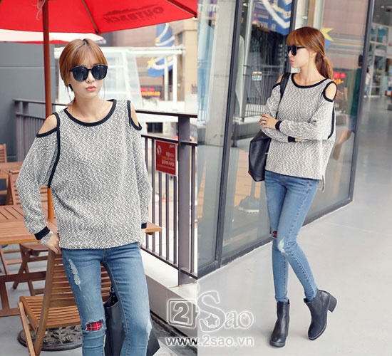 Phần tay áo thiết kế khoét vai hở cũng giúp dáng áo  len mỏng cuốn húy hơn rất nhiều.