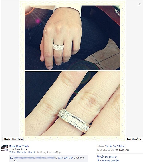 Cặp nhẫn cưới được cặp đôi khoe trên trang cá nhân cũng khiến nhiều người trầm trồ. Nhẫn cưới của vợ chồng Ngọc Thạch là nhẫn cưới dạng tròn trơn, đính kim cương chìm xung quanh nhẫn.