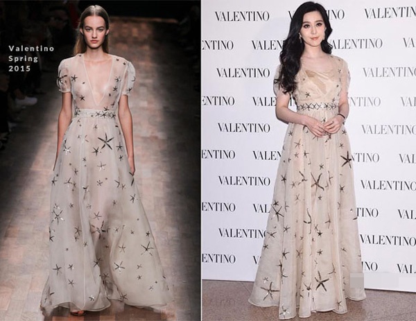 Tới tham dự sự kiện ra mắt cửa hàng mới của hiệu Valentino tại Hồng Kông, cô duyên dáng trong chiếc váy voan xòe của cùng thương hiệu.