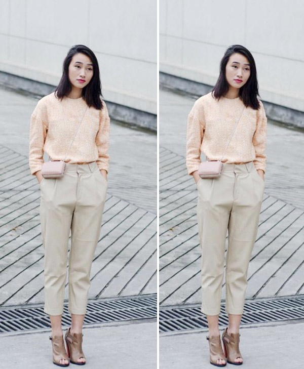 Trang Khiếu sở hữu gu thời trang cá tính và hiện đại. Kể cả khi diện quần tây đơn giản với áo sơ mi màu nhã nhặn, siêu mẫu vẫn cực cuốn hút người đối diện. Những bạn gái dáng người gầy, vòng ba lép nên mặc quần tây sáng màu, chiết ly có túi chéo.